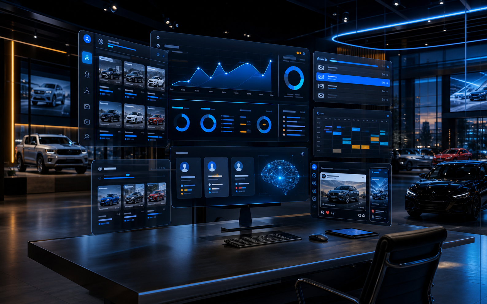 Premium dealership marketing command center with inventory, campaign, visitor tracking, and AI lead dashboards